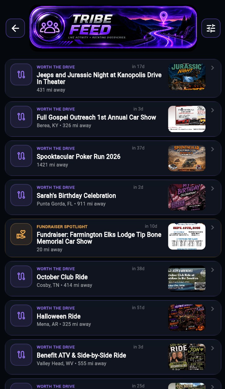 RideTribeSync feed app screen